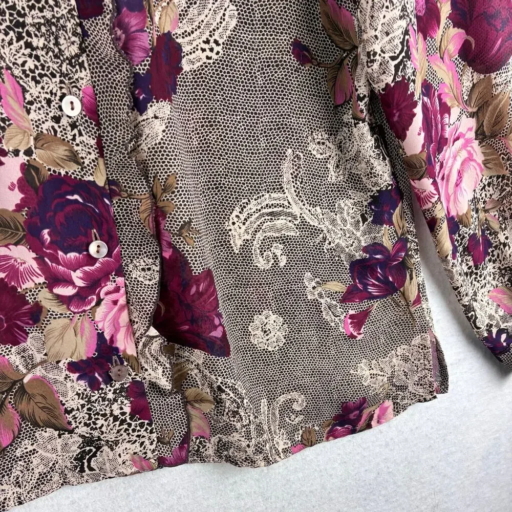 Vintage Notations Long Sleeve Button Up Blouse Women's Large Floral Lace Ruffle